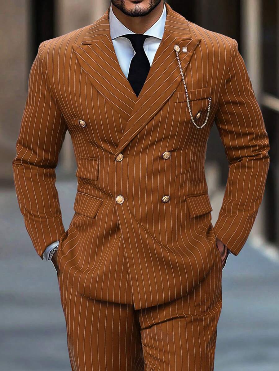 Manfinity Mode 男士简约线条印花长袖上衣和裤子套装 - 咖啡棕 - 查看 1