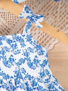 SHEIN 女婴碎花系带吊带连衣裙 - 藍色 - 查看 5