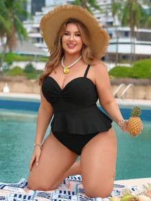 Swim Lushoire 新款夏季海滩度假舒适优雅大码女式背心泳衣比基尼套装，大码上衣，大码泳装，大码泳衣套装，大码比基尼套装 - 黑色 - 查看 5