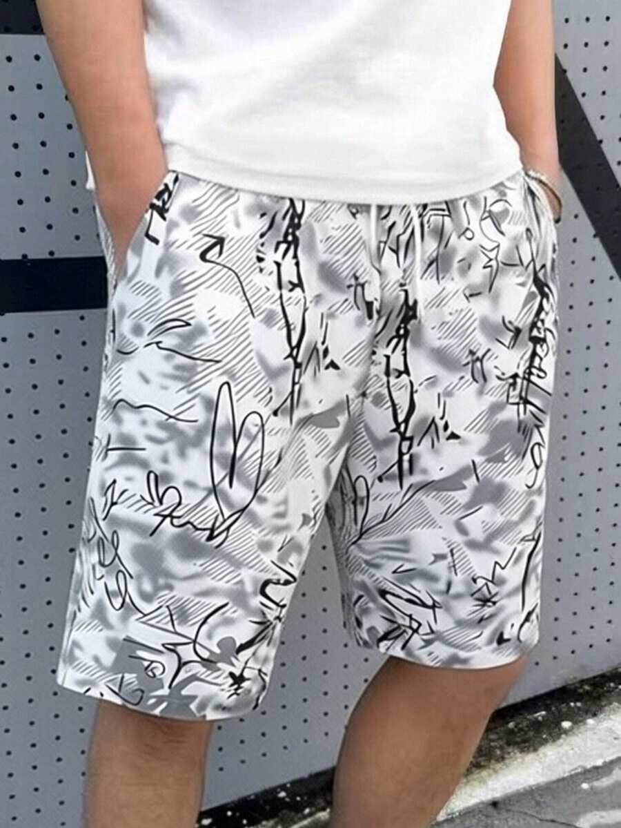 Manfinity RSRT 男士休闲印花口袋沙滩短裤 - 白色 - 查看 1