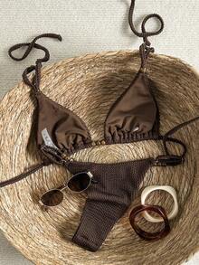 Swim Mod Women's Jacquard Fabric Beaded Halter Bikini Set, Spring/Summer - Brown - View 3