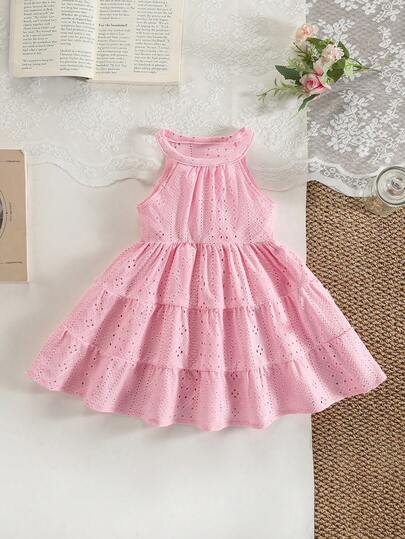 SHEIN Baby Girls' Casual Vacation Style Textured Knit Dress, Suitable For Travel