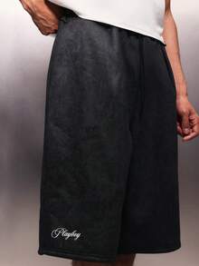 PLAYBOY X SUMWON Pantalones cortos de baloncesto y streetwear con cintura con cordón, ajuste holgado y por encima de la rodilla, con logo de conejo - Negro - Ver 6