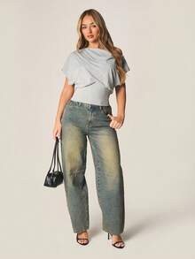 MISSGUIDED 露肩收腰蝙蝠袖针织上衣，宽松版型，适合日常休闲穿着。 - 灰色 - 查看 3
