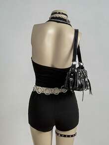 SHEIN DivaQ 女士金属孔眼吊带露脐上衣和短裤两件套 - 黑色 - 查看 2