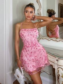 Glamine Charm Women's Sequins Embroidered Backless Tie Strap Mini Dress, French Countryside Style, Pink, Party/Event Dress - Pink - View 3