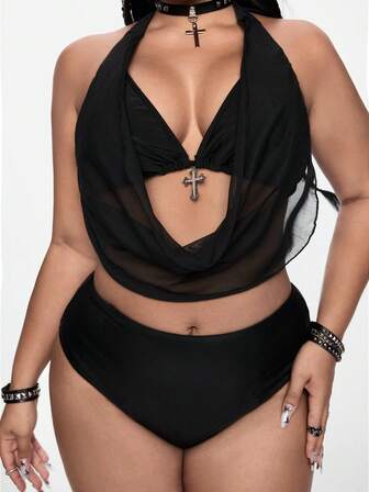 Goth Plus Size Women Summer Beach Solid Color Draped Neck Tie Sexy Bikini Swimwear Set