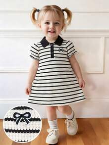 SHEIN Baby Girls' Casual Bow Embroidered Textured Striped Polo Collar Patch Front Puff Sleeve Dress, Cute Princess Style Suitable For Summer Casual, Holiday, Street Wear - Black and White - View 1