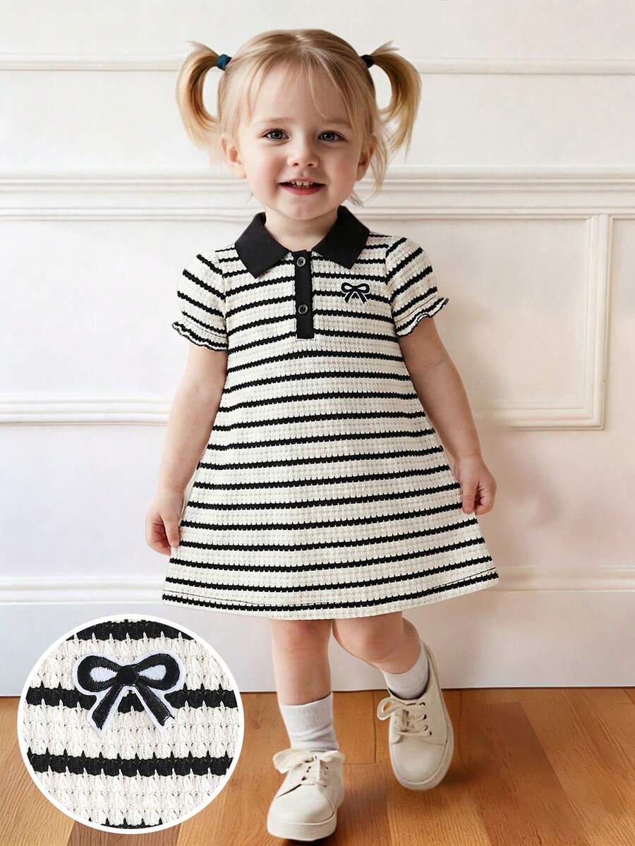 SHEIN Baby Girls' Casual Bow Embroidered Textured Striped Polo Collar Patch Front Puff Sleeve Dress, Cute Princess Style Suitable For Summer Casual, Holiday, Street Wear - Black and White - View 1