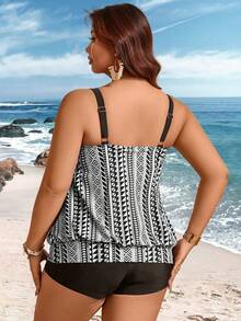 Swim Lushoire Plus Size Women's 2-Piece Set,White,Summer,Boho,Beach,Holiday Vintage Abstract Geometric Striped Print Scoop Neck Tankini Top With Shorts - Black and White - View 2