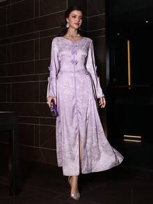 Al Najma Đầm maxi cổ chữ V tay loe thắt nơ bên hông, eo xếp ly, thích hợp cho mùa xuân/hè. - Nhiều màu - Xem 7