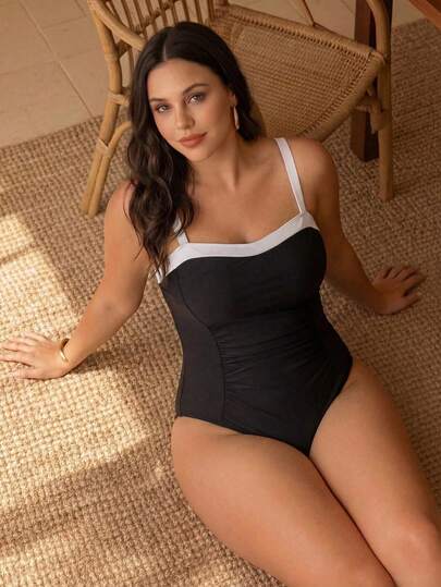 Swim Chiccia Plus Size Black & White Contrast Color Wide Strap Bandeau Style Side Ruched Minimalist Chic Beach Vacation One-Piece Swimsuit For Women