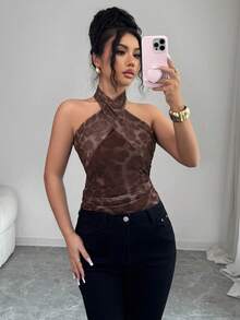 Rafferiza Women's Vacation Casual Ruched Leopard Print Halter Top - Multicolor - View 6