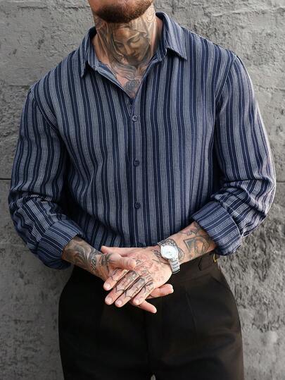 Manfinity CasualCool Men's Vintage Brown & White Striped Casual Long Sleeve Shirt, Autumn Blue Striped Shirt Men Stripe Shirt Men Navy Blue And Grey Dress Shirt Long Sleeved Shirt Men Navy Blue Dress Shirt Men Striped Shirt Vintage Shirt For Men Men S Vintage Shirts Navy Blue Dress Shirt For Men Striped Men Shirt