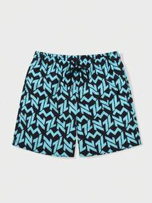 Manfinity Swimmode 男士弹力腰带抽绳休闲印花宽松沙滩裤 - 黑色 - 查看 3