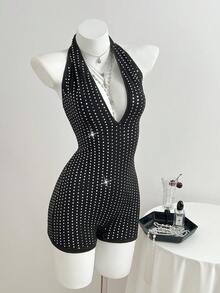 Elamini Sexy Glitter Deep V-Neck Tie-Up Bodycon Backless Romper, Spring - Black - View 7