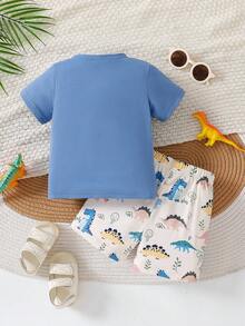 SHEIN Playful Pals Ensemble Top à manches courtes et short imprimé dinosaure mignon pour bébé garçon et tout-petit. Convient pour le jeu en extérieur et le port quotidien au printemps/été - Bleu gris - Voir 2