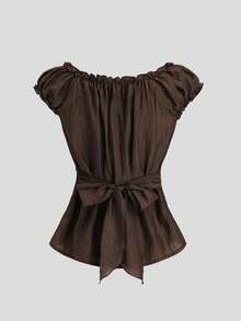 Sweetra 法式复古竖条纹纹理荷叶边拼接木扣花瓣袖女士短袖衬衫，适合春夏休闲及约会场合。 - 棕色 - 查看 2