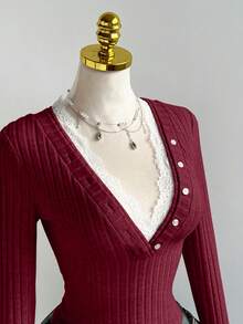 Elamini Sweet & Cute Textured Lace Splice Deep V Slim Fit Long Sleeve T-Shirt, Spring Knitted Tops For Women Maroon Top - Burgundy - View 5