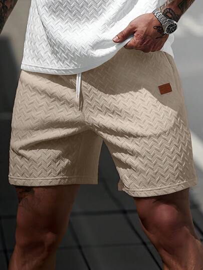 Manfinity CasualCool Men's Summer Jacquard Textured Drawstring Shorts With Ribbed Collar And Leather Patch, Ideal Gift For Boyfriend Or Husband