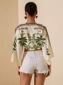 Vesra 女士夏季度假椰树印花蝙蝠袖系带衬衫 - 橄欖綠 - 查看 2