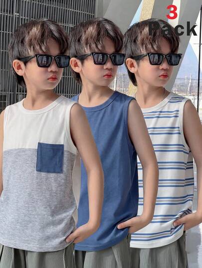 SHEIN 3pcs/Set Tween Boys' Casual Patchwork Striped & Solid Color Knit Vest, 1 Of Each Color