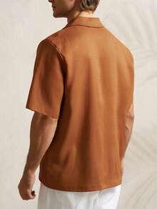 Airaco 男士热带棕榈树印花翻领拼接口袋短袖休闲度假衬衫，夏季 - 棕色 - 查看 2