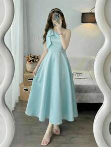 Teen Girls Solid Color Elegant Asymmetrical Shoulder Dress - Green - View 1