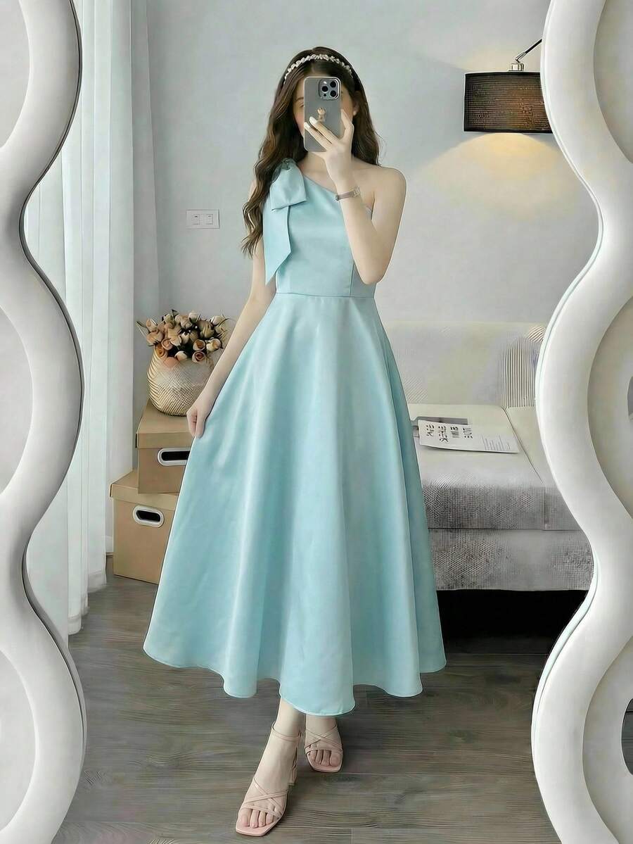 Teen Girls Solid Color Elegant Asymmetrical Shoulder Dress - Green - View 1