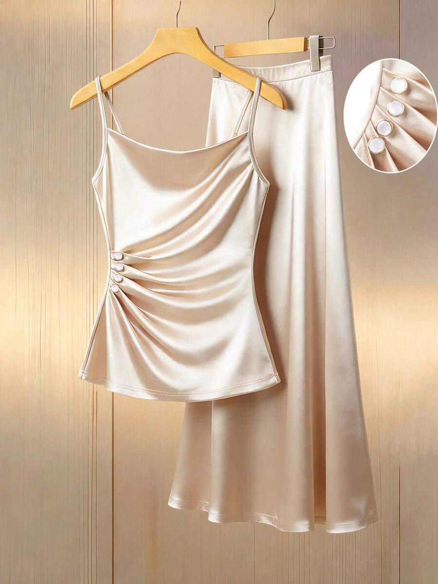 Franclia 2pcs Set Elegant Office Wear Solid Satin Lapel Blouse And Skirt - Apricot - View 1