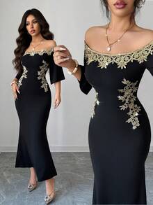 SHEIN Raffinéa 女士优雅精致金色蕾丝边黑色修身鱼尾连衣裙，适合外出约会，春夏款 - 黑色 - 查看 1