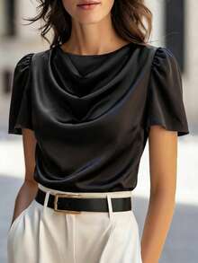 EMERY ROSE Women's Fashion Ruffle Neck Short Sleeve Pleated Hem Elegant Mature Casual Vacation Outing Party T-Shirt, Spring/Summer - Black - View 1