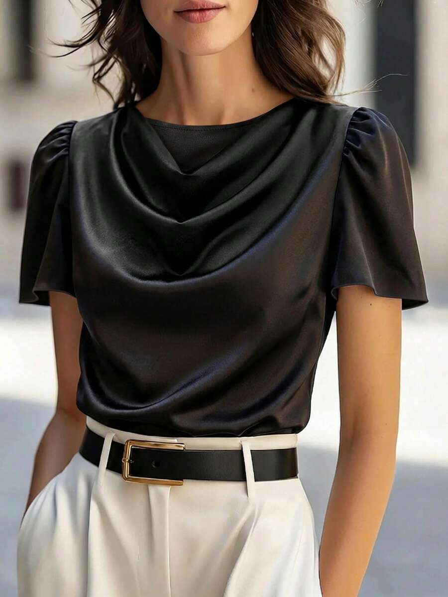 EMERY ROSE Women's Fashion Ruffle Neck Short Sleeve Pleated Hem Elegant Mature Casual Vacation Outing Party T-Shirt, Spring/Summer - Black - View 1