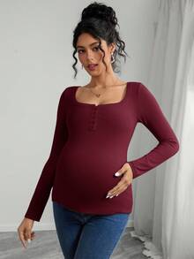 SHEIN Maternity Solid Color Square Neck Long Sleeve Fitted Henley T-Shirt - Burgundy - View 3