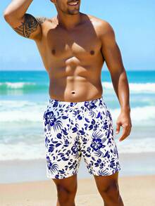 Manfinity KASUA Men's Floral Print Drawstring Waist Pocket Beach Shorts - Royal Blue - View 3