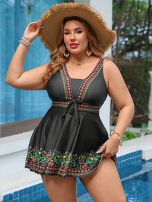 SHEIN Tankini sin mangas con estampado sencillo de talla grande - Multicolor - View 5