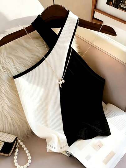 INAWLY Blusa casual elegante de mujer de punto en patchwork negro y blanco con cuello halter cruzado, para primavera/verano