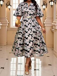 Fleurora 大码优雅佩斯利提花派对连衣裙 - 金色 - 查看 2