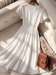 GlowEve CURVE Plus Size Women's New Summer Solid Color Short Sleeve Round Neck Tie Ruffle Hem Casual Vacation Dress, Bohemian Style - White - View 2