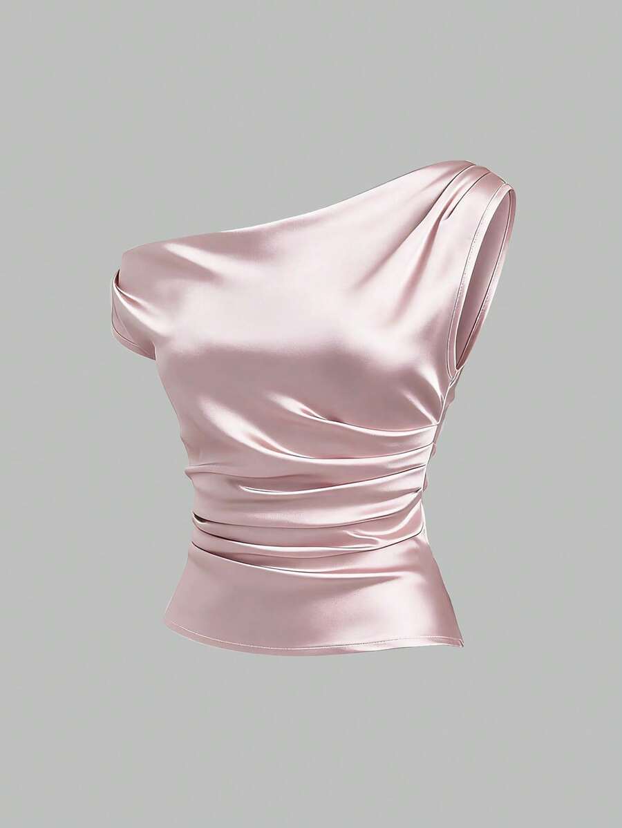 Sweetra 春夏新款法式不对称肩部设计修身褶裥缎面女士粉色衬衫，适合日常休闲穿着、派对、宴会等场合。 - 粉色 - 查看 1