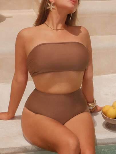 Swim Chiccia Plus Size Solid Color Detachable Adjustable Strap Bandeau Ruched Side Backless Swimsuit Top And High Waist Solid Color Triangle Bottoms, Elegant And Fashionable Sexy Beach Resort Swimwear Set For Women