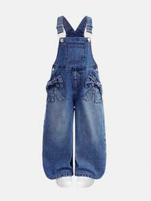 SHEIN Pantalones peto de mezclilla azul con ajuste holgado y decoración de lazo 3D para niña joven - Azul lavado oscuro - Ver 2