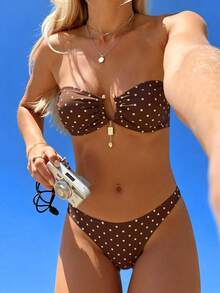 Swim Mod 两件套女士优雅波点印花金属链吊带露脐上衣和性感比基尼泳裤沙滩泳装套装，适合海滩、泳池派对、度假村等场合。 - 彩色 - 查看 1