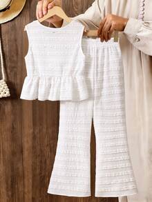 2pcs/Set Girls Jacquard Sleeveless Top And Pants, Suitable For Summer Outings, Vacation, And Daily Wear - White - View 2