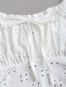 Sweetra Women's Vacation Style French Retro Ruffled Drawstring Embroidered Slim Fit Bodysuit, Spring/Summer - White - View 4