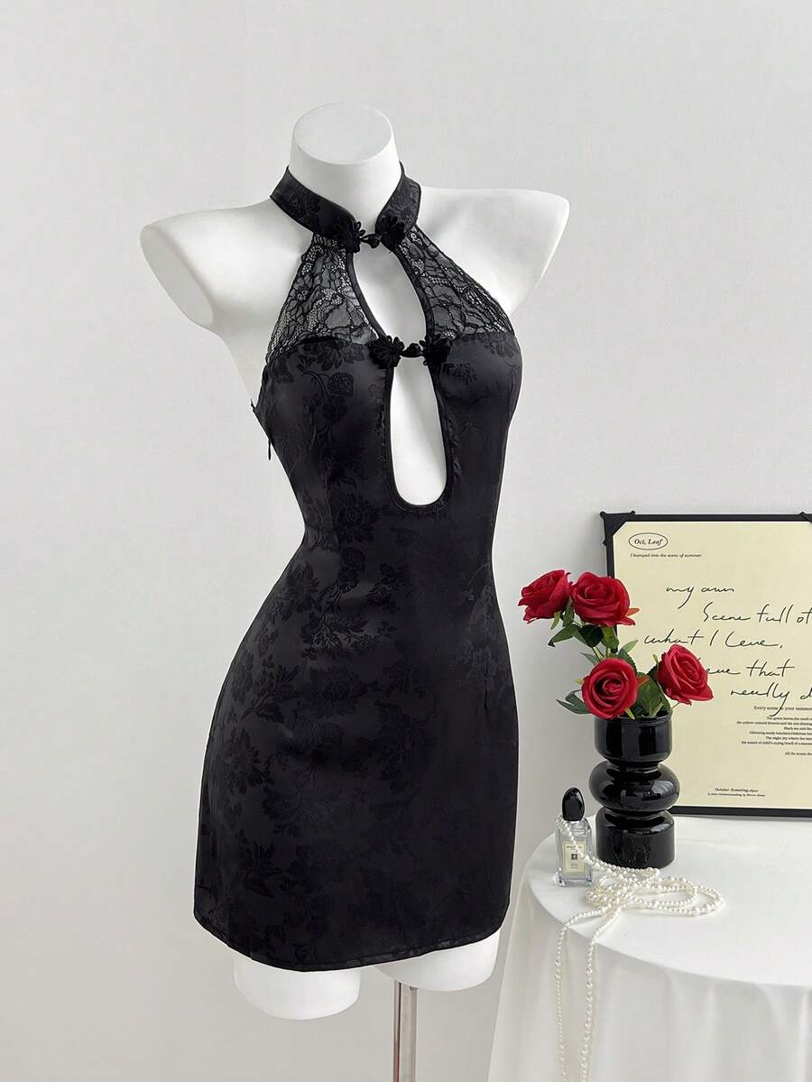 Elamini 女士优雅撞色蕾丝镂空纽扣旗袍连衣裙，夏季 - 黑色 - 查看 1