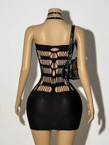 SHEIN Jeanoir 女士性感黑色镂空交叉吊带连衣裙 - 黑色 - 查看 2