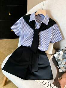 Franclia French-Style Casual Chic, Versatile Blue And White Striped Two-Piece Suit With A Shawl And Black Blazer Shorts. Preppy Style, Spring/Summer Wear, Summer Outfit, Elegant Suit, Women's Casual Wear, Women's Holiday Wear. - Blue and White - View 3