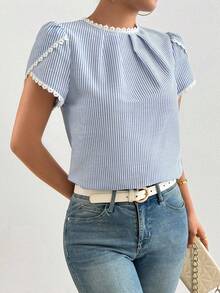 Pariaura Women's Elegant Striped Collar Ruffle Patchwork Flare Sleeve Blouse - Blue - View 5