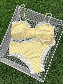 Swim Mod New Mesh Embroidery Decor Sweet Blue & White Striped Bikini Set - Yellow - View 6
